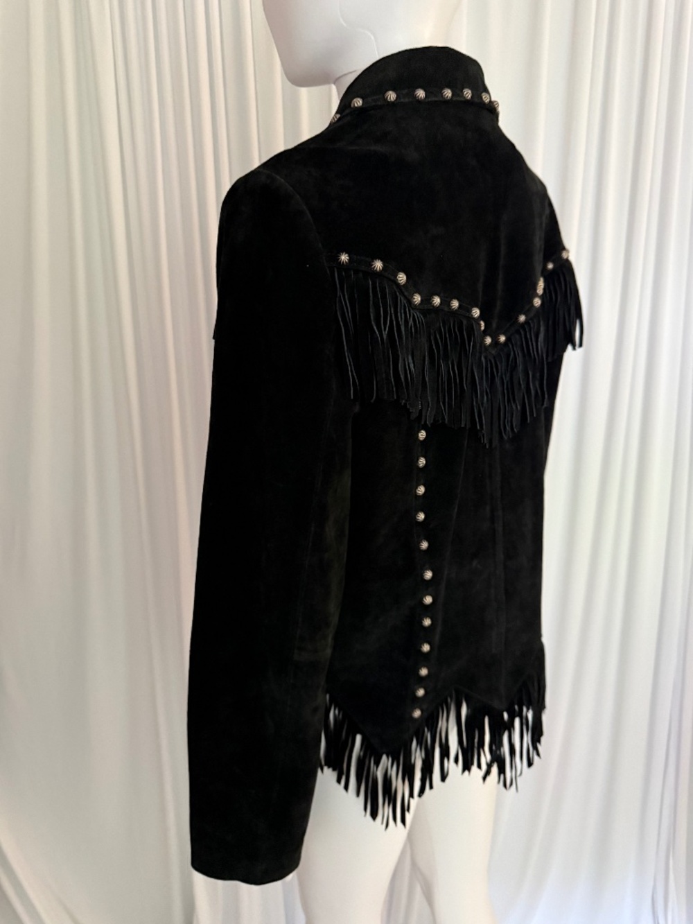 Saguaro Black Suede Leather Fringe Western Jacket | Red Satin Lining | Size L - Picture 5 of 16